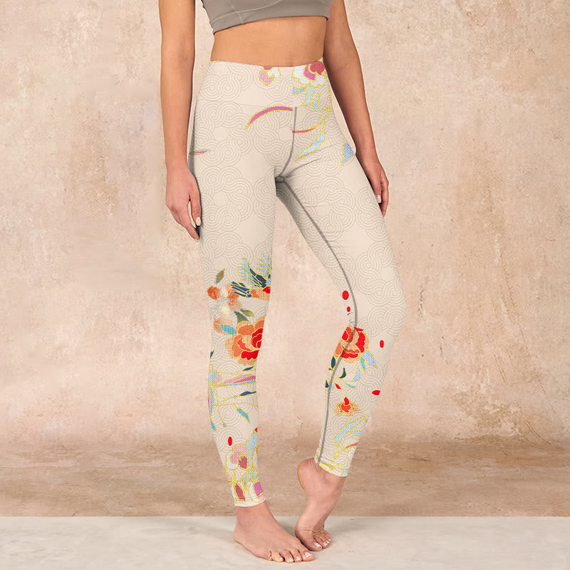 Buddha Stones Apricot Butterfly Peony Flowers Leaves Print Gym Leggings Women's Yoga Pants - FloralWhite - US18，UK/AU22，EU50 (4XL) - image 0