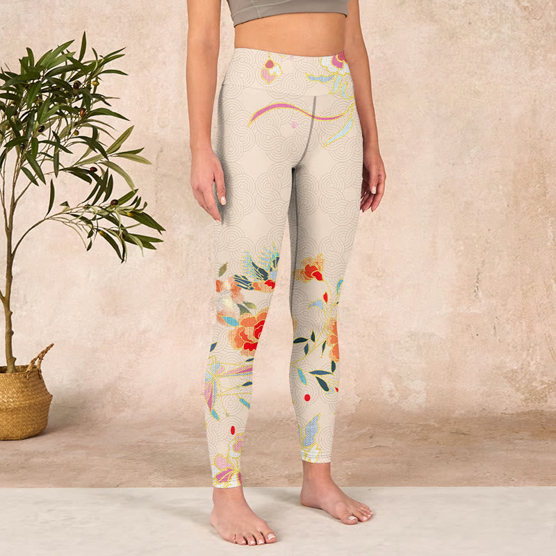 Buddha Stones Apricot Butterfly Peony Flowers Leaves Print Gym Leggings Women's Yoga Pants - image 3