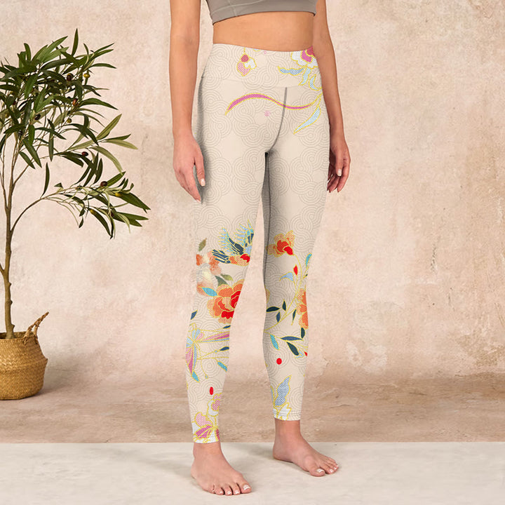 Buddha Stones Apricot Butterfly Peony Flowers Leaves Print Gym Leggings Women's Yoga Pants - image 3
