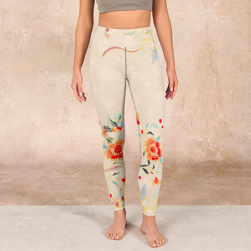 Buddha Stones Apricot Butterfly Peony Flowers Leaves Print Gym Leggings Women's Yoga Pants - image 1