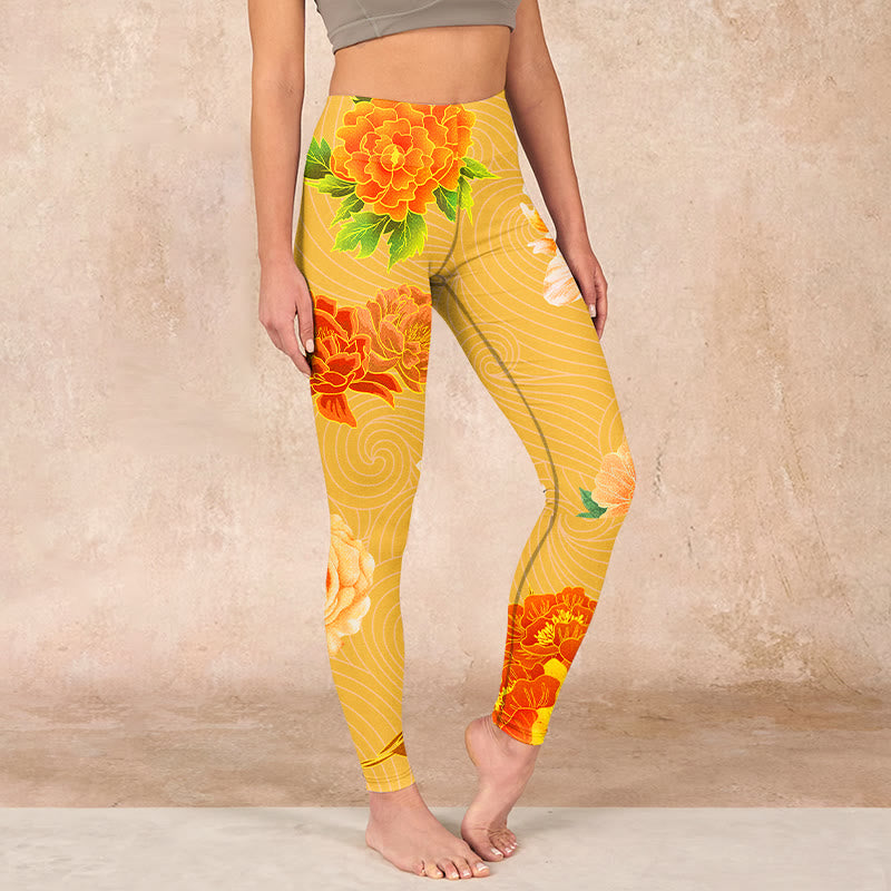 Buddha Stones Vibrant Rose Flowers Print Gym Leggings Women's Yoga Pants - Gold - US18，UK/AU22，EU50 (4XL) - image 0