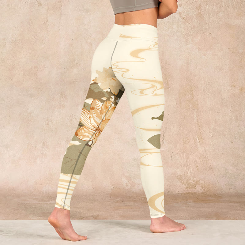 Buddha Stones Beige Lotus Flower Print Gym Fitness Leggings Women's Yoga Pants - image 4