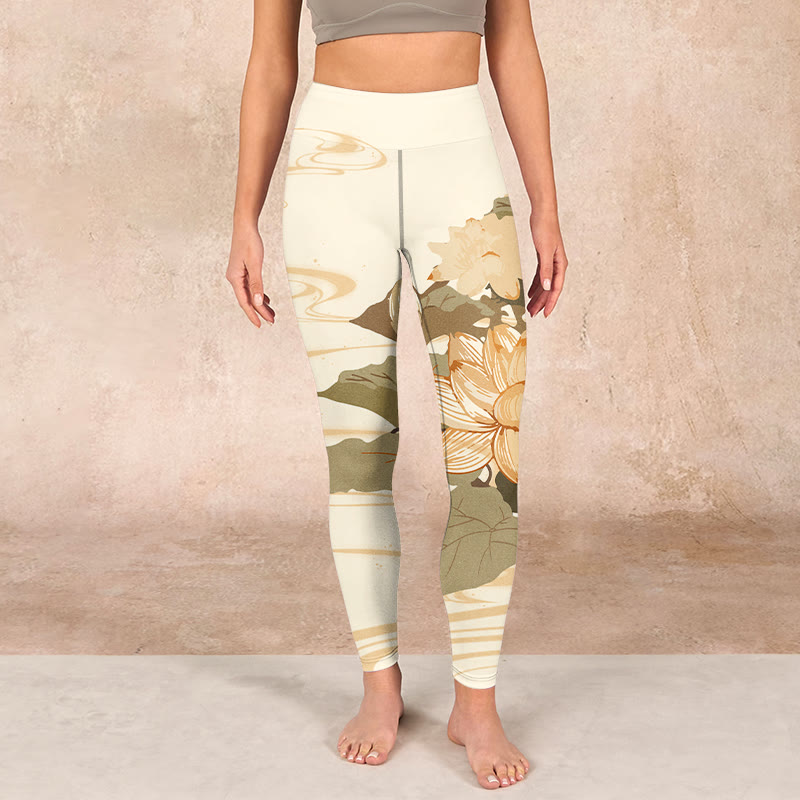 Buddha Stones Beige Lotus Flower Print Gym Fitness Leggings Women's Yoga Pants - image 1
