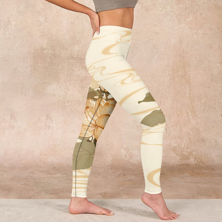 Buddha Stones Beige Lotus Flower Print Gym Fitness Leggings Women's Yoga Pants - image 16