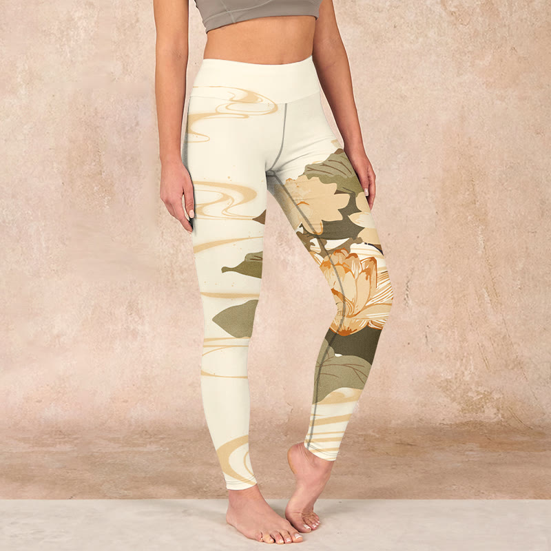 Buddha Stones Beige Lotus Flower Print Gym Fitness Leggings Women's Yoga Pants - Beige - US18，UK/AU22，EU50 (4XL) - image 0