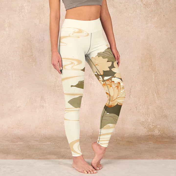 Buddha Stones Beige Lotus Flower Print Gym Fitness Leggings Women's Yoga Pants - Beige - US18，UK/AU22，EU50 (4XL) - image 0