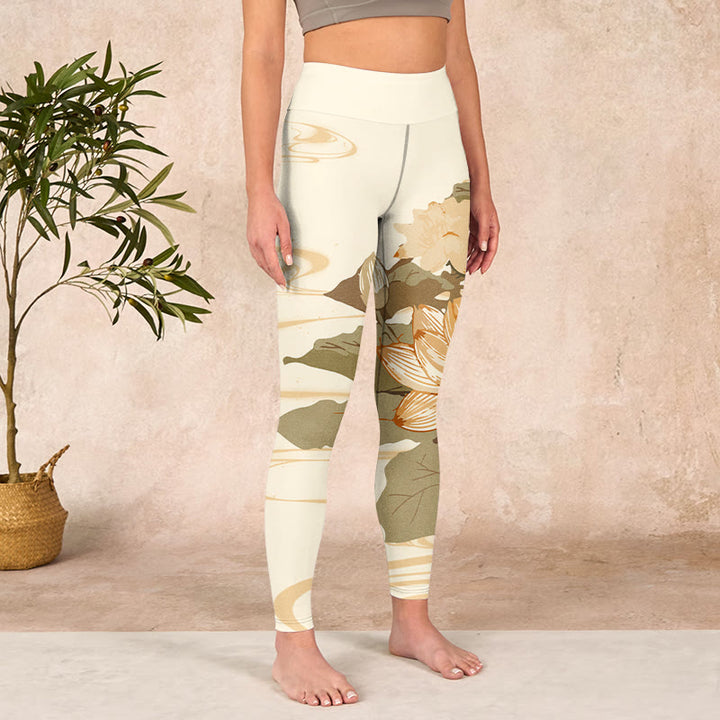 Buddha Stones Beige Lotus Flower Print Gym Fitness Leggings Women's Yoga Pants - image 3