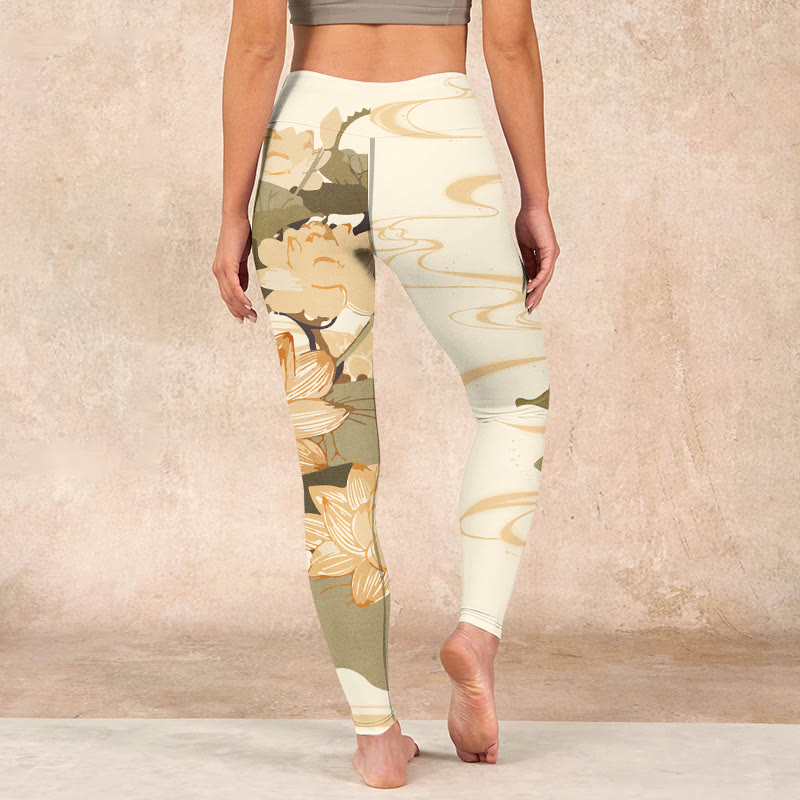 Buddha Stones Beige Lotus Flower Print Gym Fitness Leggings Women's Yoga Pants - image 14