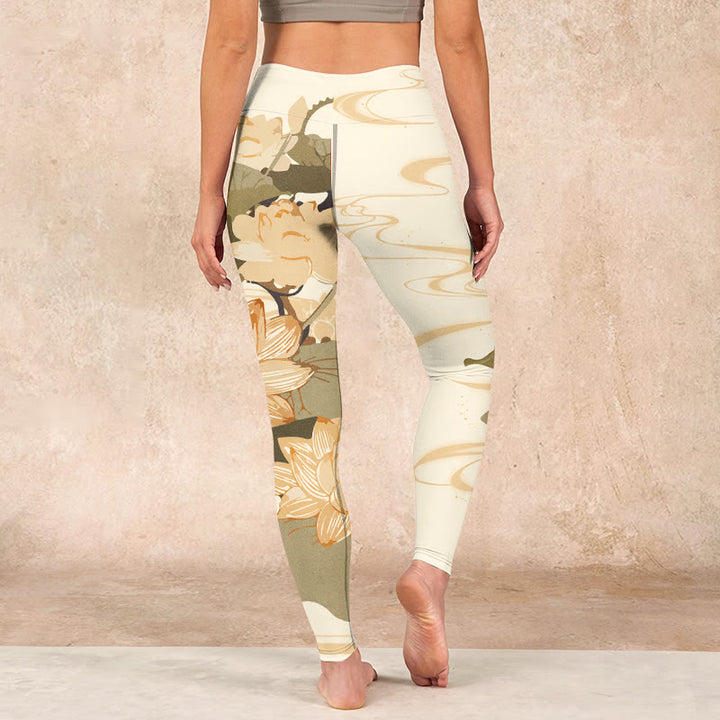 Buddha Stones Beige Lotus Flower Print Gym Fitness Leggings Women's Yoga Pants - image 14