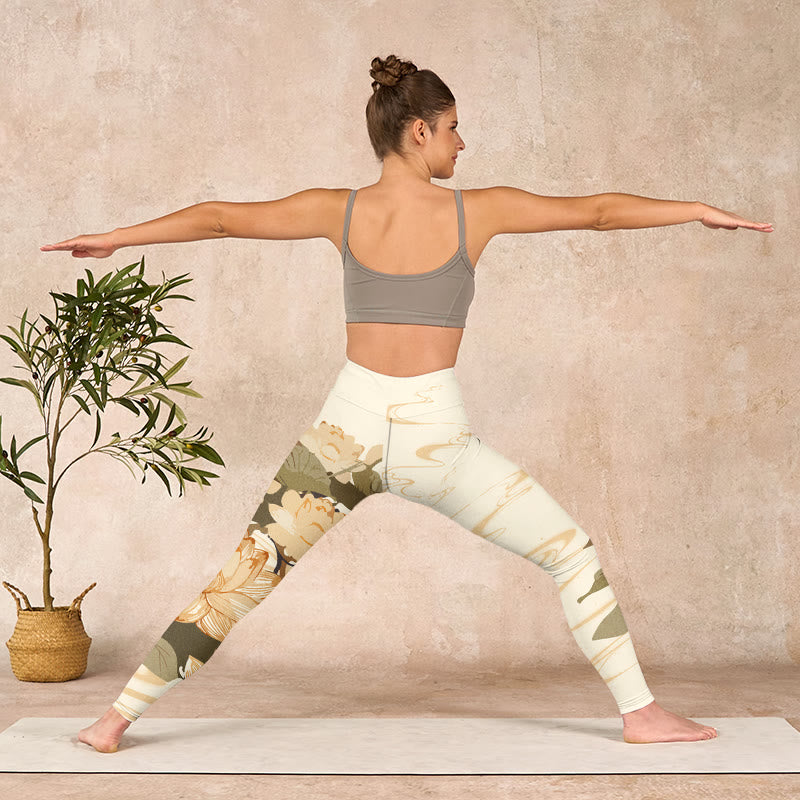 Buddha Stones Beige Lotus Flower Print Gym Fitness Leggings Women's Yoga Pants - image 10
