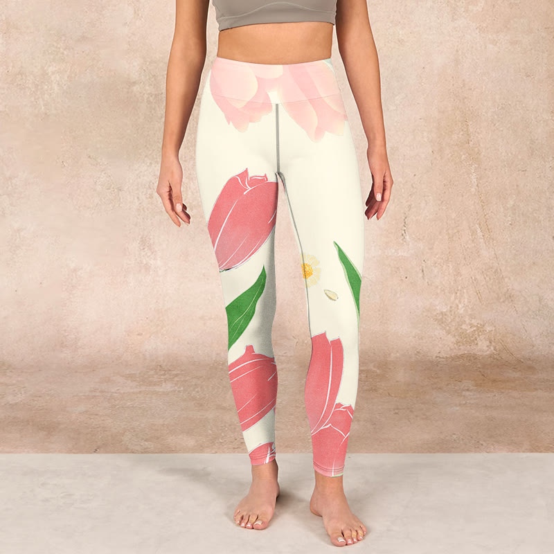 Buddha Stones Pink Tulip Flower Print Gym Fitness Leggings Women's Yoga Pants - image 1