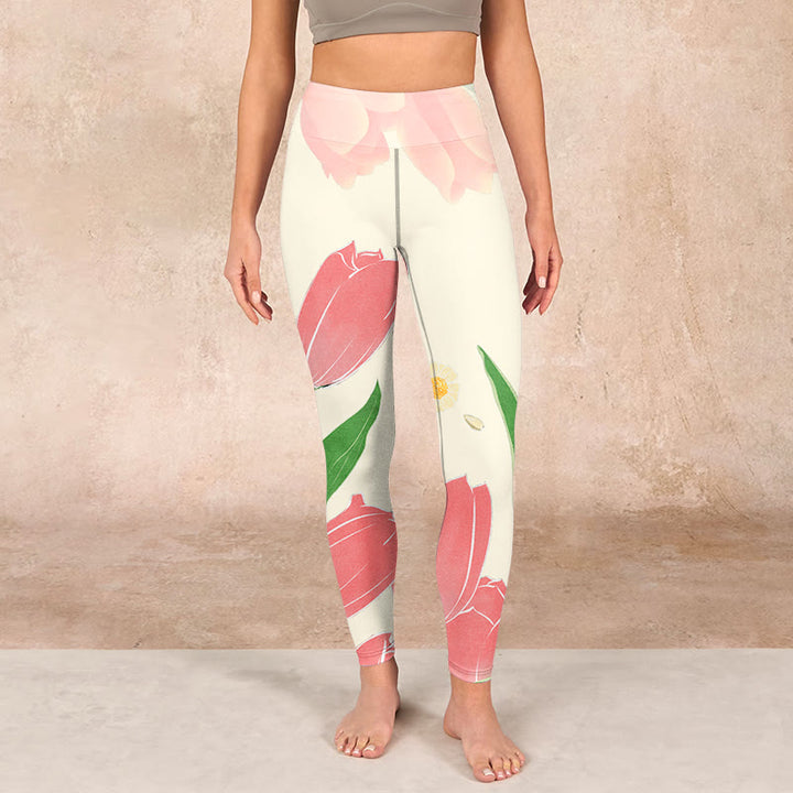 Buddha Stones Pink Tulip Flower Print Gym Fitness Leggings Women's Yoga Pants - image 1