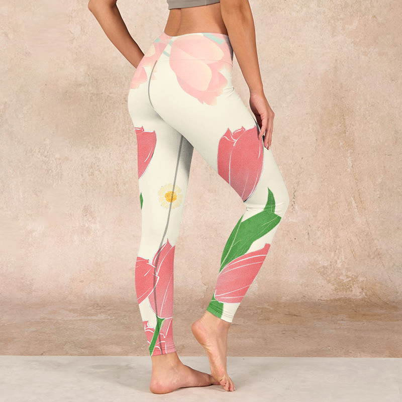 Buddha Stones Pink Tulip Flower Print Gym Fitness Leggings Women's Yoga Pants - image 2