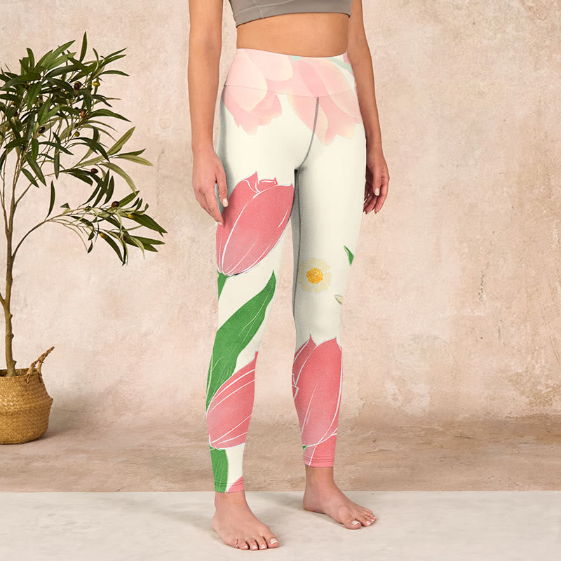 Buddha Stones Pink Tulip Flower Print Gym Fitness Leggings Women's Yoga Pants - image 3