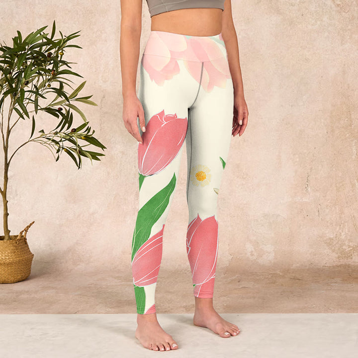 Buddha Stones Pink Tulip Flower Print Gym Fitness Leggings Women's Yoga Pants - image 3