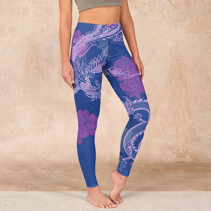Buddha Stones Purple Dragon Phoenix Flowers Print Gym Leggings Women's Yoga Pants - SlateBlue - US18，UK/AU22，EU50 (4XL) - image 0