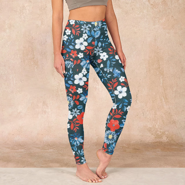 Buddha Stones Red White Flower Dandelion Print Gym Fitness Leggings Women's Yoga Pants - SteelBlue - US18，UK/AU22，EU50 (4XL) - image 0