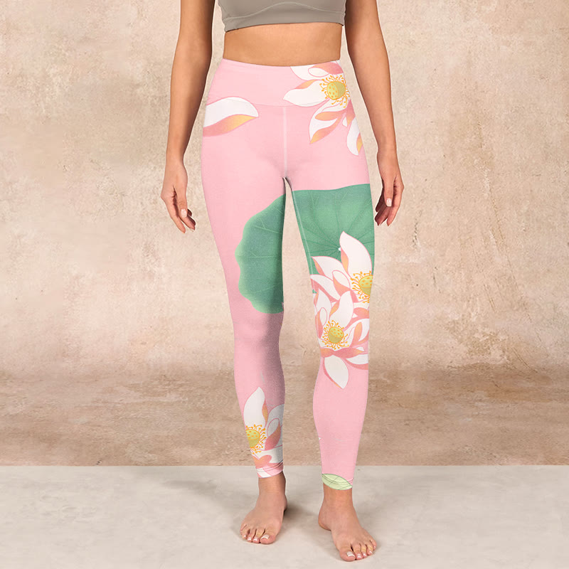Buddha Stones Pink Lotus Flower Leaf Print Gym Fitness Leggings Women's Yoga Pants - image 1