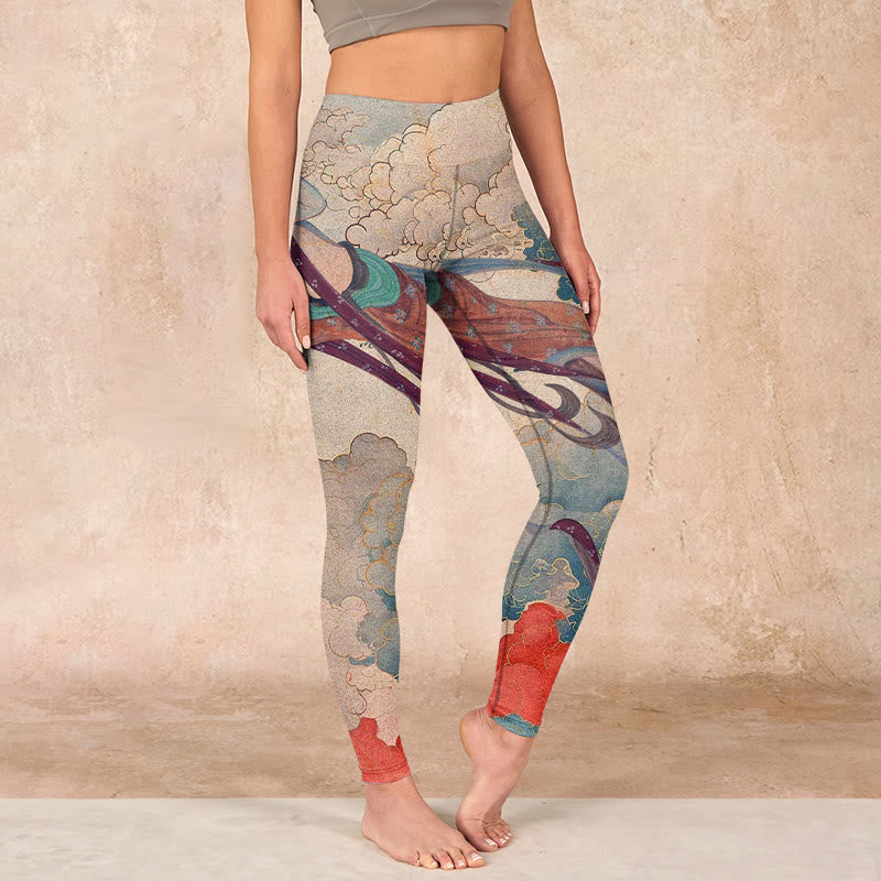 Buddha Stones Dunhuang Flying Apsaras Auspicious Clouds Print Fitness Leggings Women's Yoga Pants - Tan - US18，UK/AU22，EU50 (4XL) - image 0