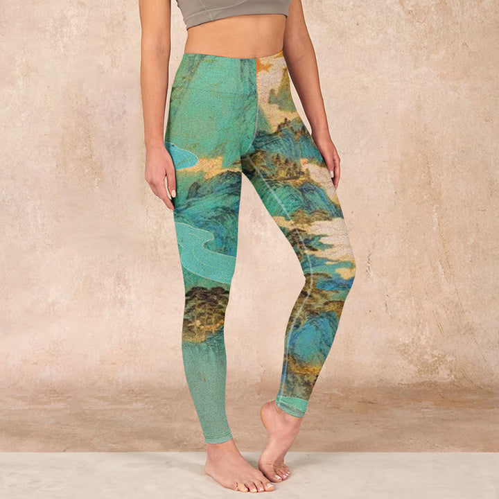 Buddha Stones Chinese Style Green Mountains Landscape Print Lycra Fabric Fitness Leggings Women's Yoga Pants - ForestGreen - US18，UK/AU22，EU50 (4XL) - image 0
