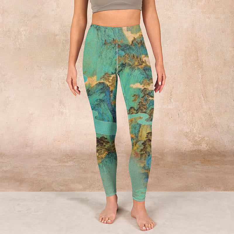 Buddha Stones Chinese Style Green Mountains Landscape Print Lycra Fabric Fitness Leggings Women's Yoga Pants - image 1