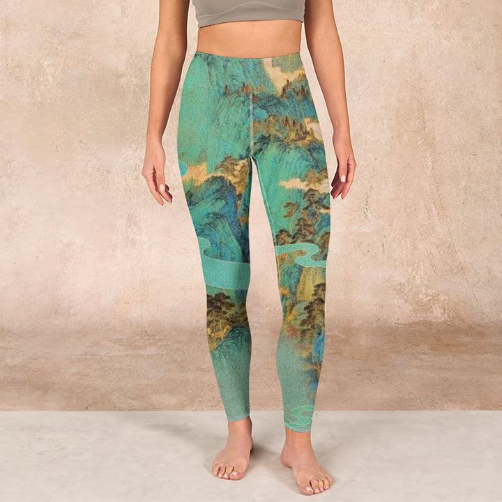 Buddha Stones Chinese Style Green Mountains Landscape Print Lycra Fabric Fitness Leggings Women's Yoga Pants - image 1