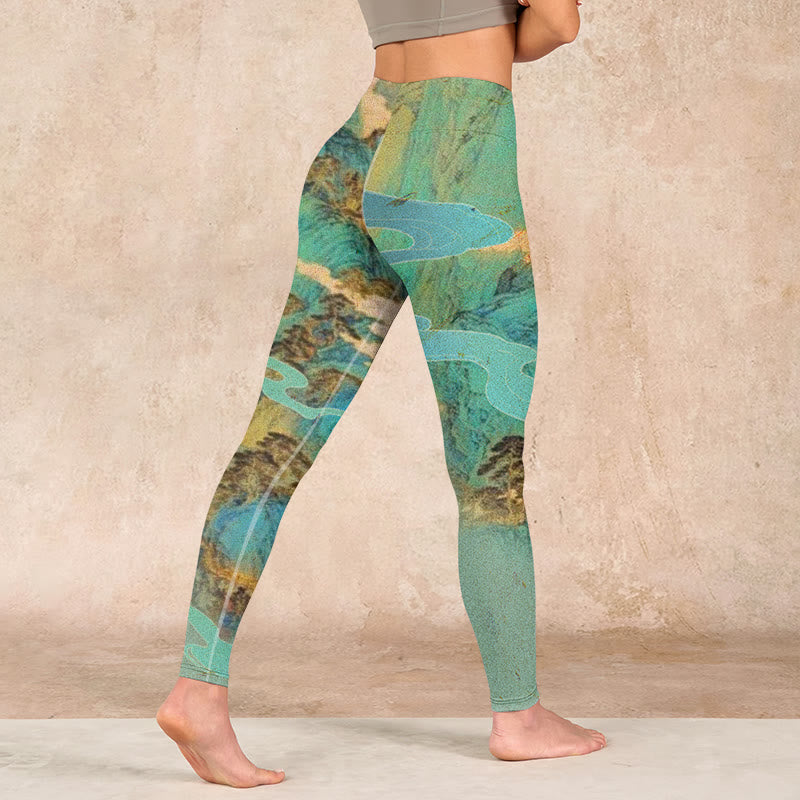 Buddha Stones Chinese Style Green Mountains Landscape Print Lycra Fabric Fitness Leggings Women's Yoga Pants - image 4