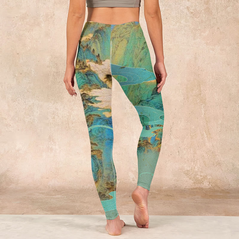 Buddha Stones Chinese Style Green Mountains Landscape Print Lycra Fabric Fitness Leggings Women's Yoga Pants - image 14