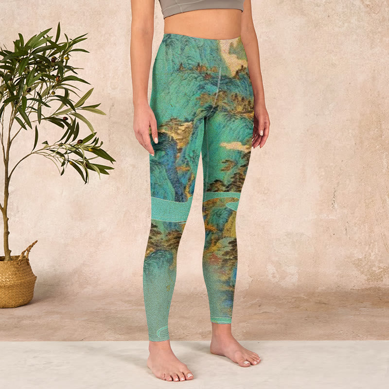 Buddha Stones Chinese Style Green Mountains Landscape Print Lycra Fabric Fitness Leggings Women's Yoga Pants - image 2