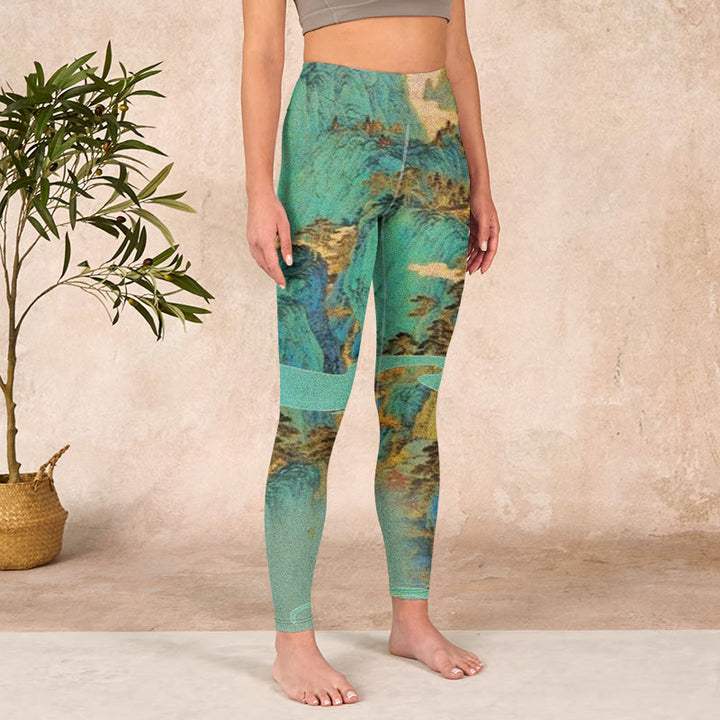 Buddha Stones Chinese Style Green Mountains Landscape Print Lycra Fabric Fitness Leggings Women's Yoga Pants - image 2