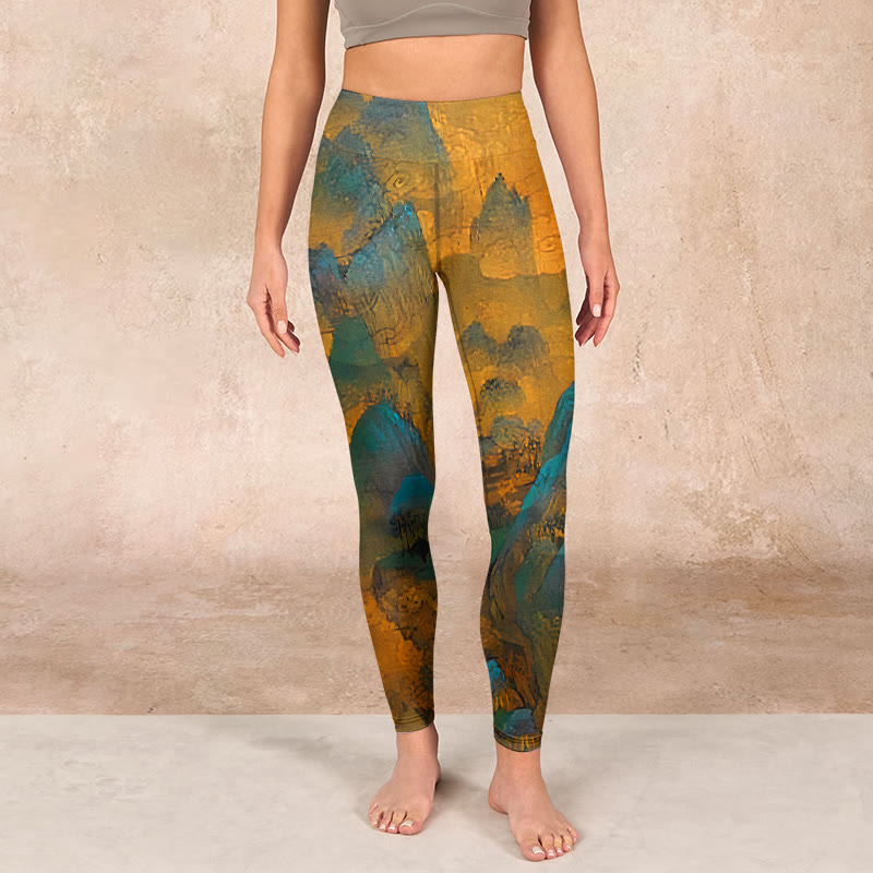 Buddha Stones Dark Goldenrod Mountain Print Fitness Leggings Women's Yoga Pants - image 1