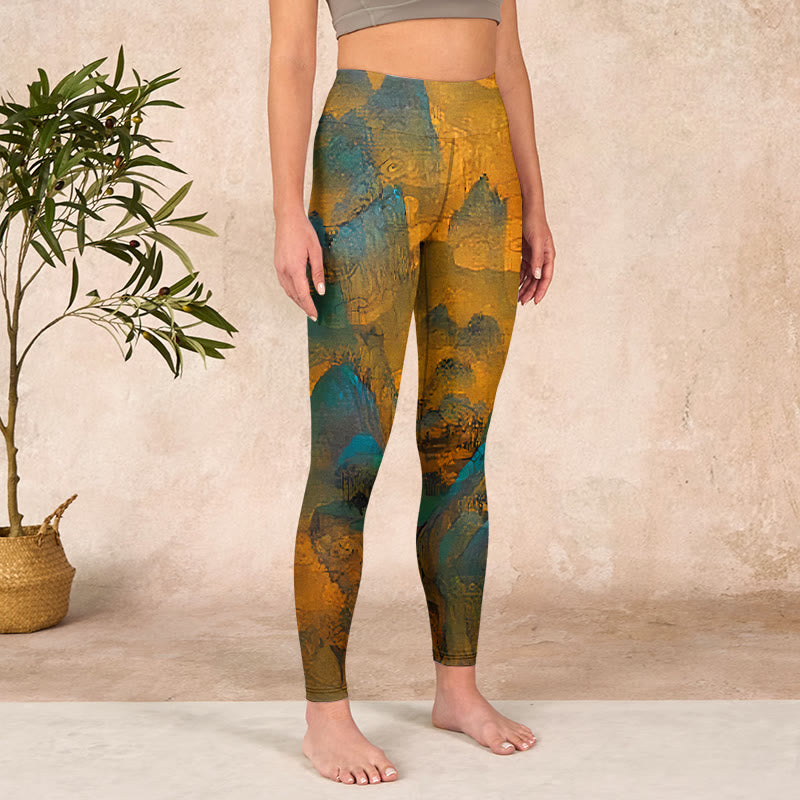 Buddha Stones Dark Goldenrod Mountain Print Fitness Leggings Women's Yoga Pants - image 3