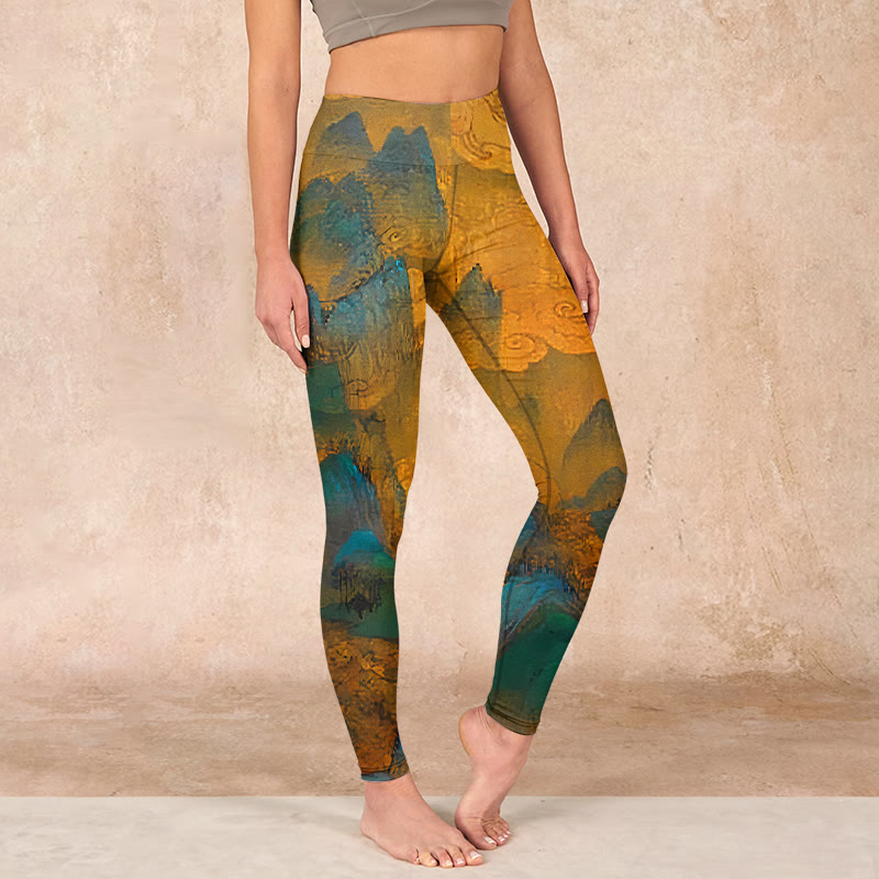 Buddha Stones Dark Goldenrod Mountain Print Fitness Leggings Women's Yoga Pants - Dark Goldenrod - US18，UK/AU22，EU50 (4XL) - image 0