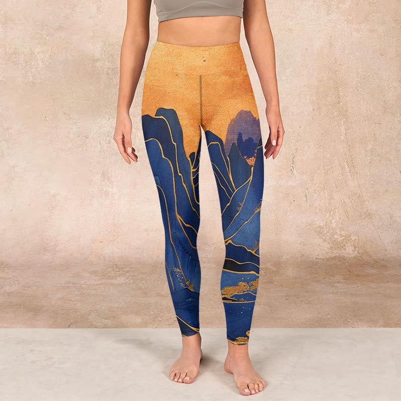 Buddha Stones Dark Blue Mountain Sunset Print Fitness Leggings Women's Yoga Pants - image 1