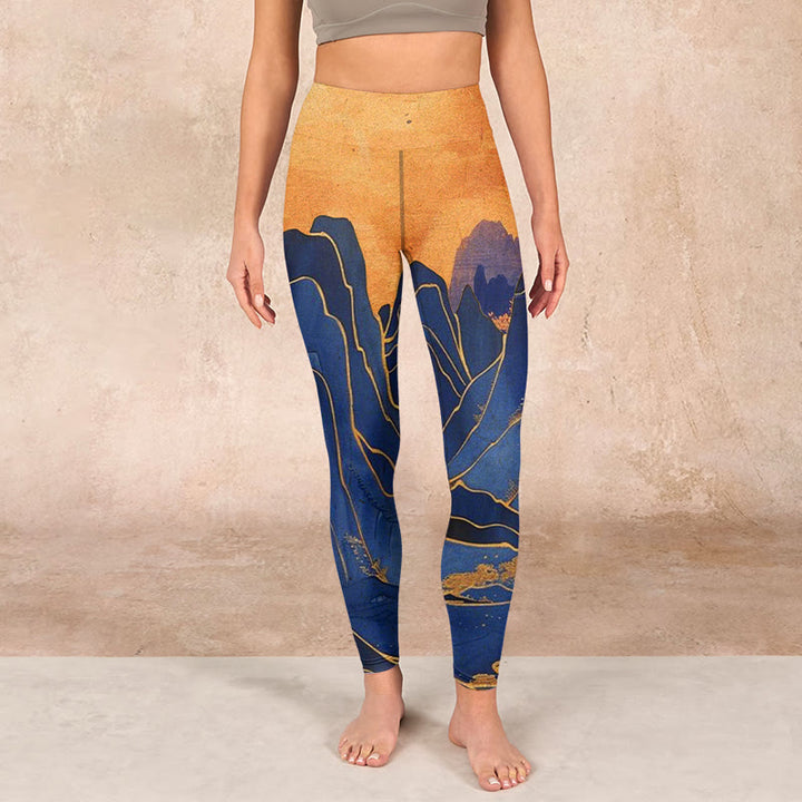 Buddha Stones Dark Blue Mountain Sunset Print Fitness Leggings Women's Yoga Pants - image 1