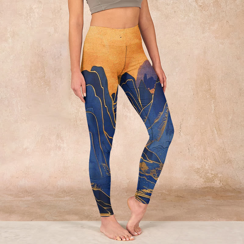 Buddha Stones Dark Blue Mountain Sunset Print Fitness Leggings Women's Yoga Pants - MidnightBlue - US18，UK/AU22，EU50 (4XL) - image 0