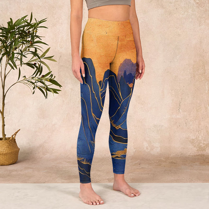 Buddha Stones Dark Blue Mountain Sunset Print Fitness Leggings Women's Yoga Pants - image 3