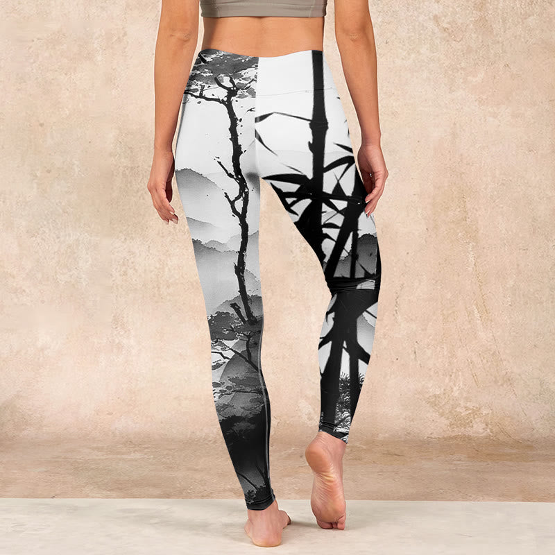 Buddha Stones Ink Painting Bamboo Pine Mountain Scenery Print Gym Leggings Women's Yoga Pants - image 14