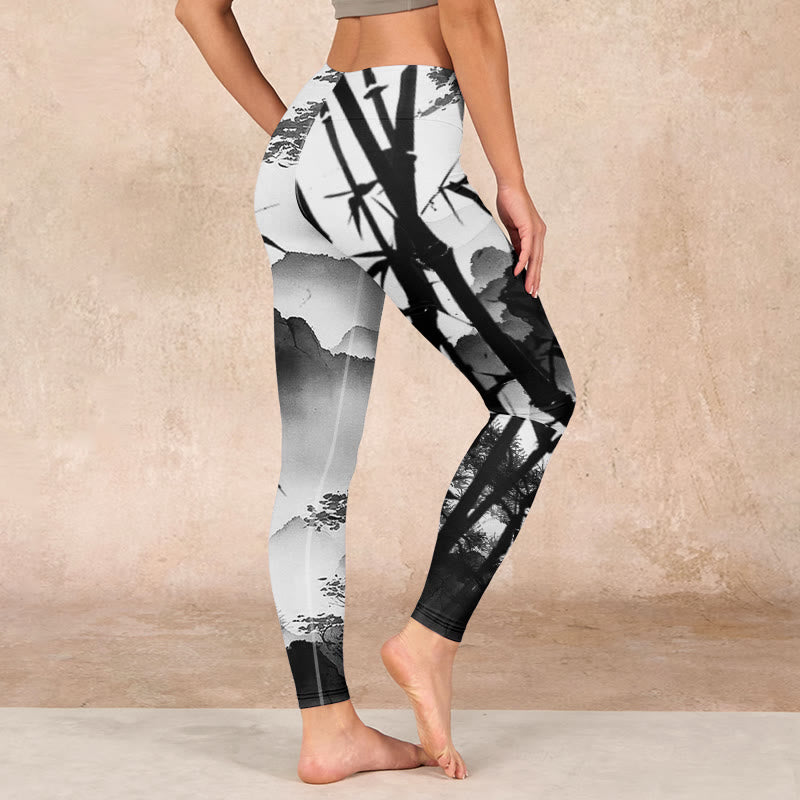 Buddha Stones Ink Painting Bamboo Pine Mountain Scenery Print Gym Leggings Women's Yoga Pants - image 2