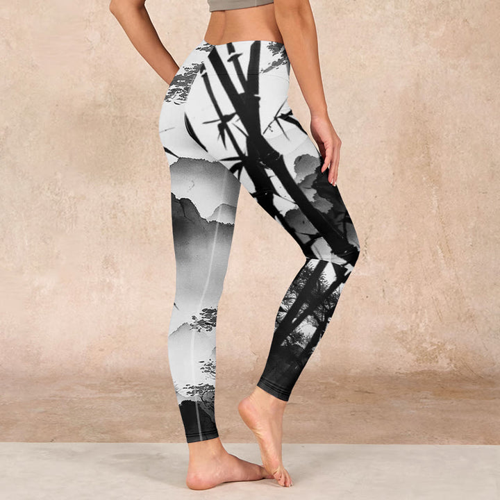 Buddha Stones Ink Painting Bamboo Pine Mountain Scenery Print Gym Leggings Women's Yoga Pants - image 2