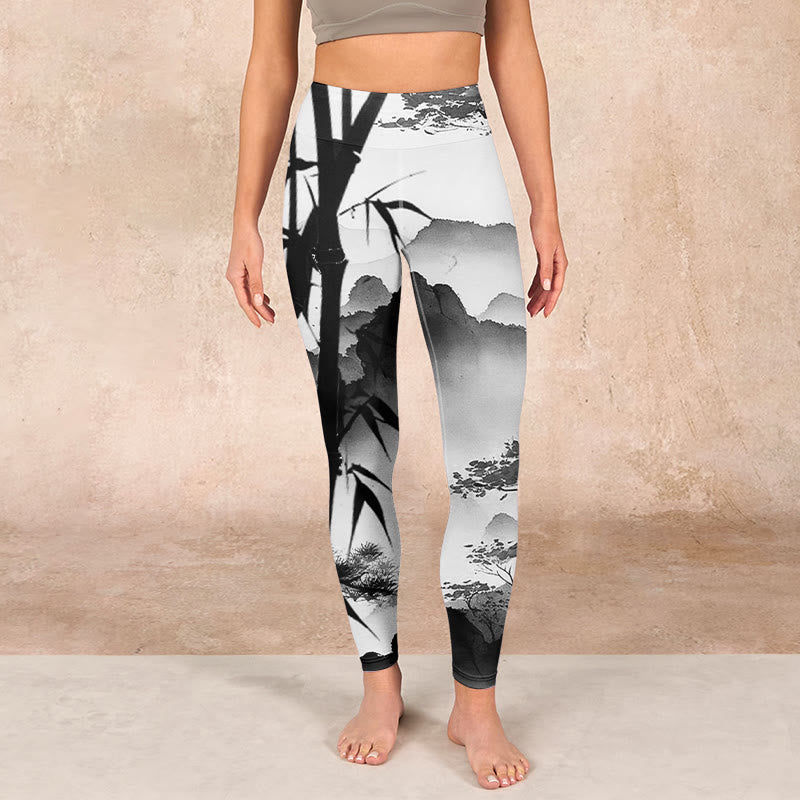 Buddha Stones Ink Painting Bamboo Pine Mountain Scenery Print Gym Leggings Women's Yoga Pants - image 1