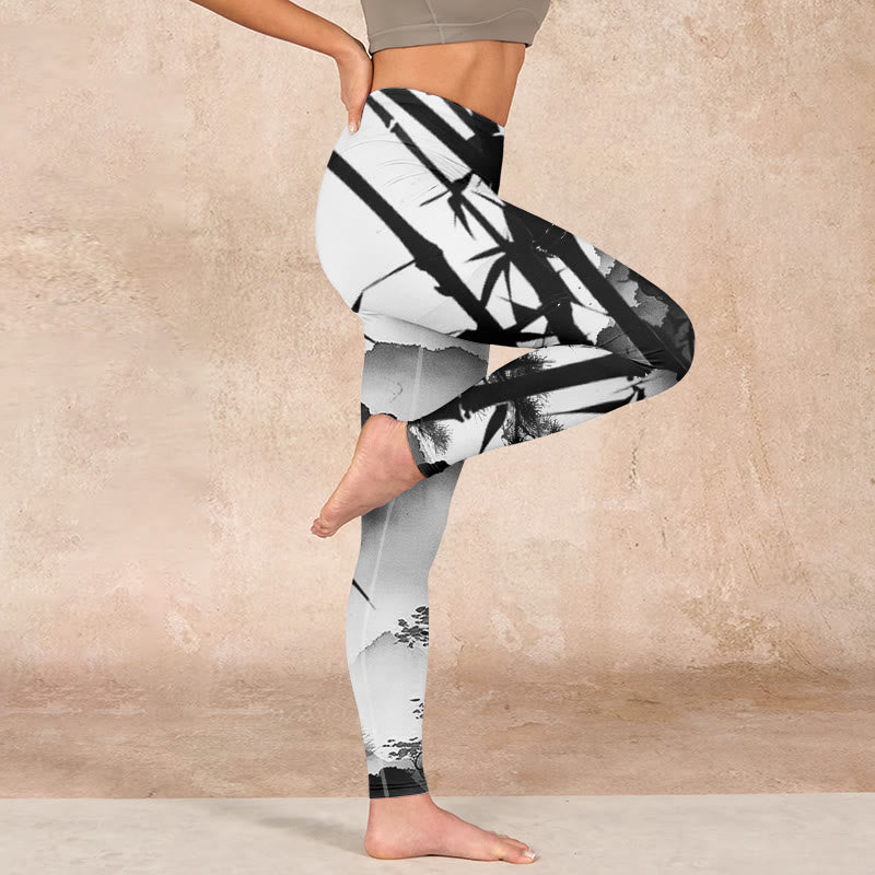 Buddha Stones Ink Painting Bamboo Pine Mountain Scenery Print Gym Leggings Women's Yoga Pants - image 15