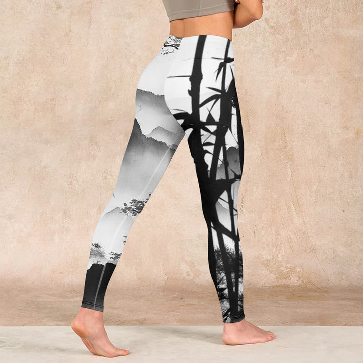 Buddha Stones Ink Painting Bamboo Pine Mountain Scenery Print Gym Leggings Women's Yoga Pants - image 4