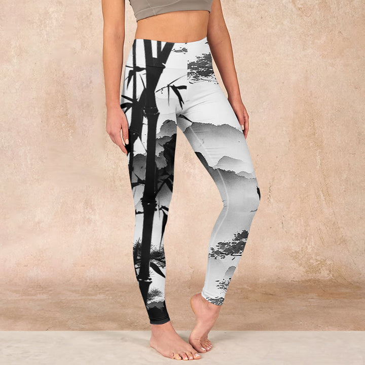Buddha Stones Ink Painting Bamboo Pine Mountain Scenery Print Gym Leggings Women's Yoga Pants - DarkGray - US18，UK/AU22，EU50 (4XL) - image 0