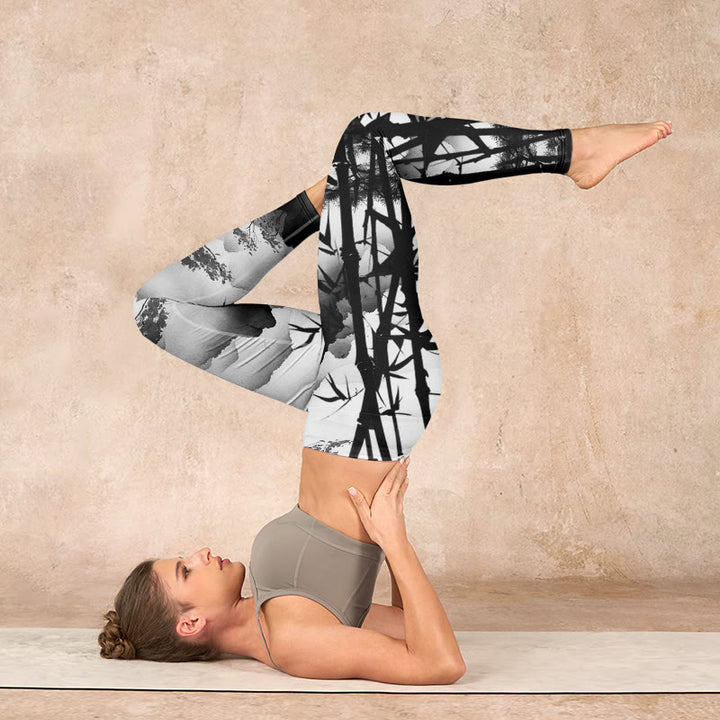 Buddha Stones Ink Painting Bamboo Pine Mountain Scenery Print Gym Leggings Women's Yoga Pants - image 7