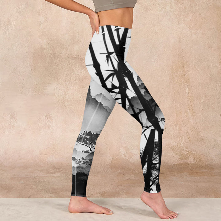 Buddha Stones Ink Painting Bamboo Pine Mountain Scenery Print Gym Leggings Women's Yoga Pants - image 16