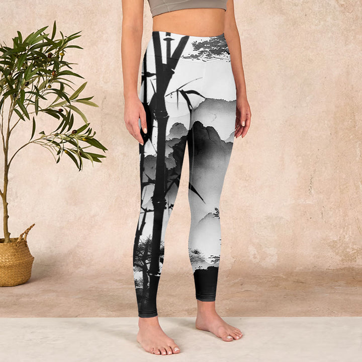 Buddha Stones Ink Painting Bamboo Pine Mountain Scenery Print Gym Leggings Women's Yoga Pants - image 3