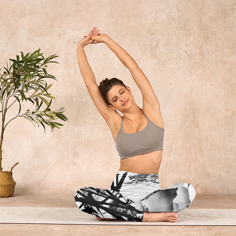 Buddha Stones Ink Painting Bamboo Pine Mountain Scenery Print Gym Leggings Women's Yoga Pants - image 13