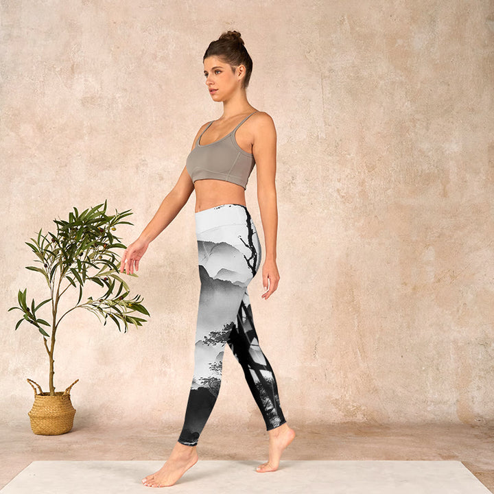 Buddha Stones Ink Painting Bamboo Pine Mountain Scenery Print Gym Leggings Women's Yoga Pants - image 12