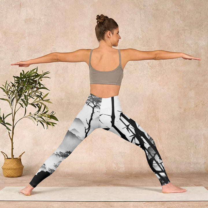 Buddha Stones Ink Painting Bamboo Pine Mountain Scenery Print Gym Leggings Women's Yoga Pants - image 10